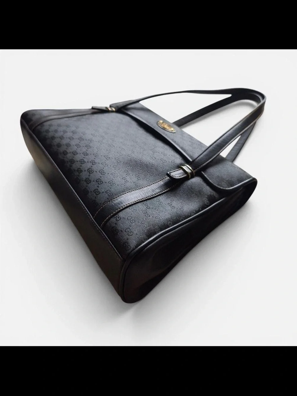 Gucci Black Monogram Satchel with Gold-Tone Oval Emblem
